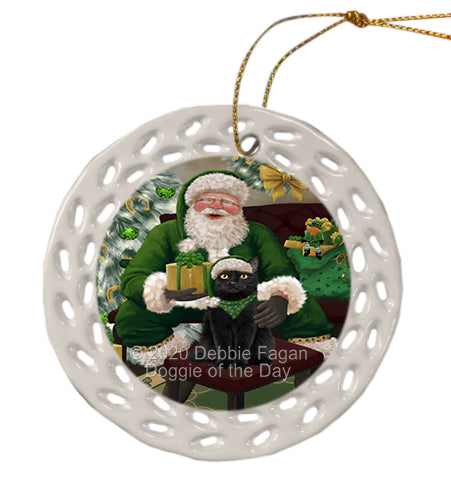Christmas Irish Santa with Gift and Black Cat Doily Ornament DPOR59468