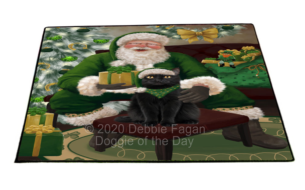 Christmas Irish Santa with Gift and Black Cat Indoor/Outdoor Welcome Floormat - Premium Quality Washable Anti-Slip Doormat Rug FLMS57091