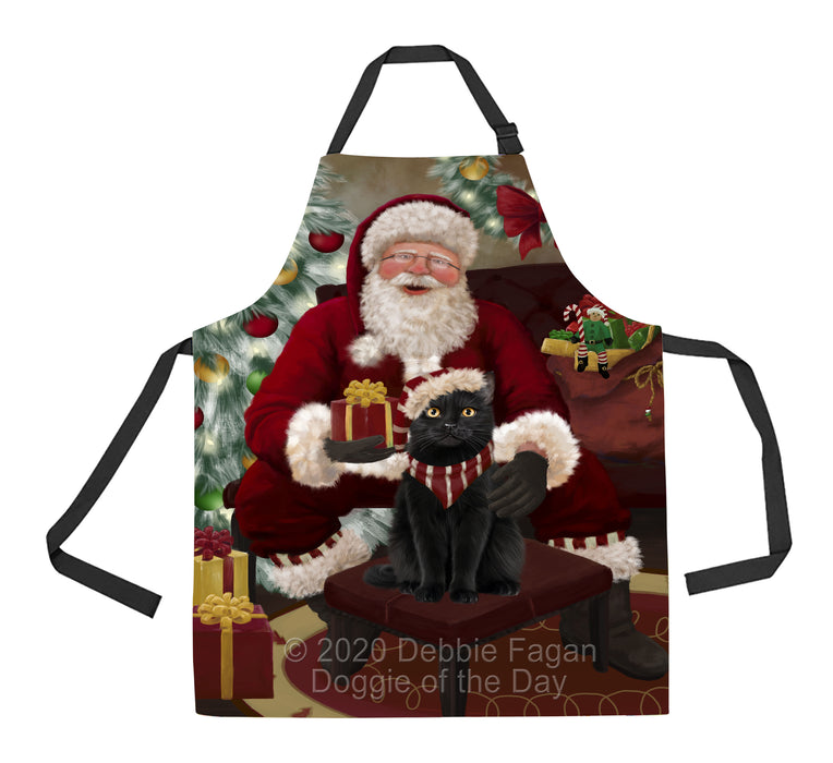 Santa's Christmas Surprise Black Cat Apron - Adjustable Long Neck Bib for Adults - Waterproof Polyester Fabric With 2 Pockets - Chef Apron for Cooking, Dish Washing, Gardening, and Pet Grooming