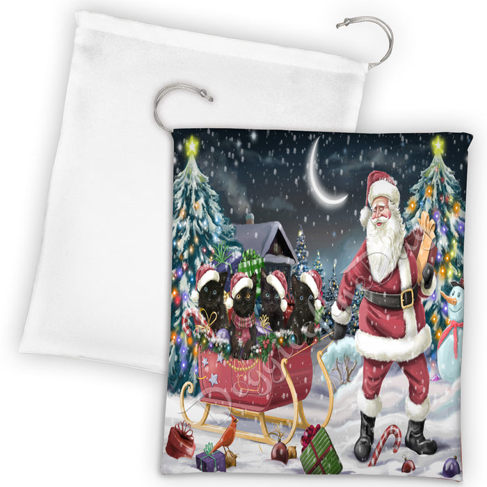 Santa Sled Dogs Christmas Happy Holidays Black Cats Drawstring Laundry or Gift Bag LGB48675