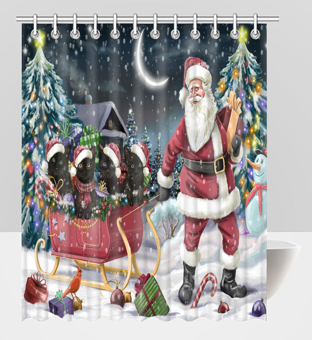 Santa Sled Dogs Christmas Happy Holidays Black Cats Shower Curtain