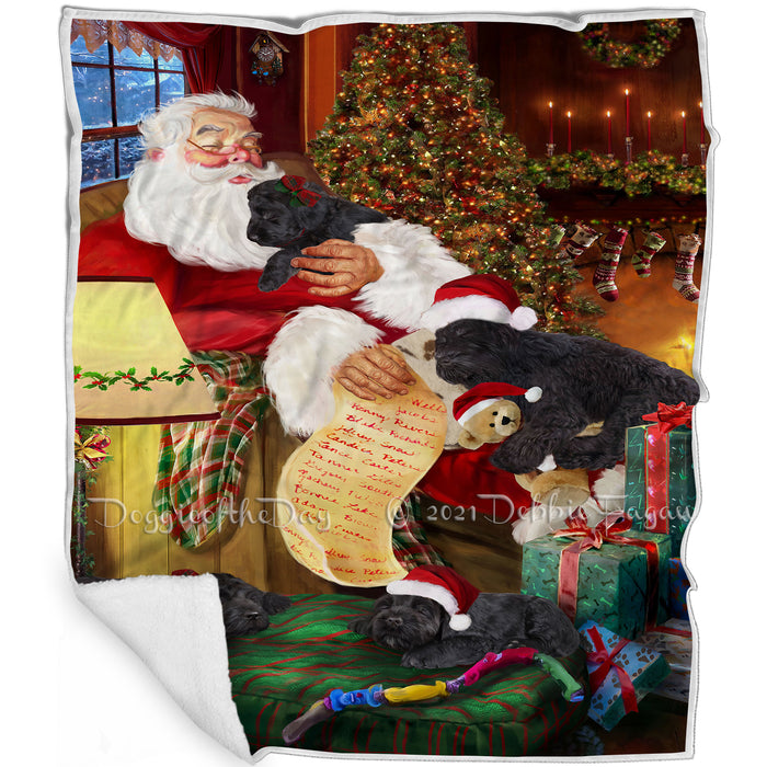 Black Russian Terrier Dog and Puppies Sleeping with Santa Blanket
