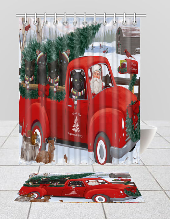 Christmas Santa Express Delivery Red Truck Black Cats Bath Mat and Shower Curtain Combo