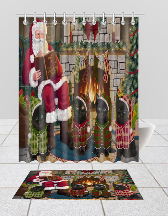 Christmas Cozy Holiday Fire Tails Black Cats Bath Mat and Shower Curtain Combo