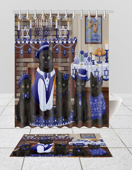 Happy Hanukkah Family Black Cats Bath Mat and Shower Curtain Combo