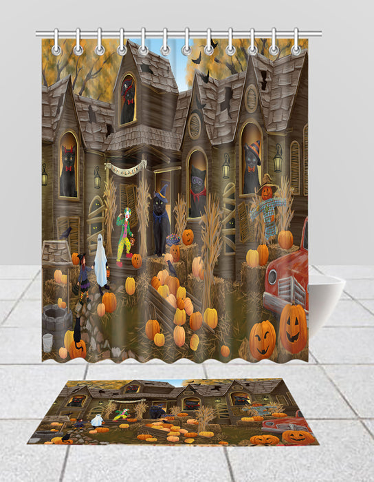 Haunted House Halloween Trick or Treat Black Cats  Bath Mat and Shower Curtain Combo