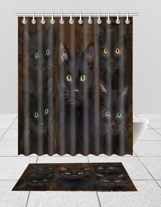 Rustic Black Cats Bath Mat and Shower Curtain Combo