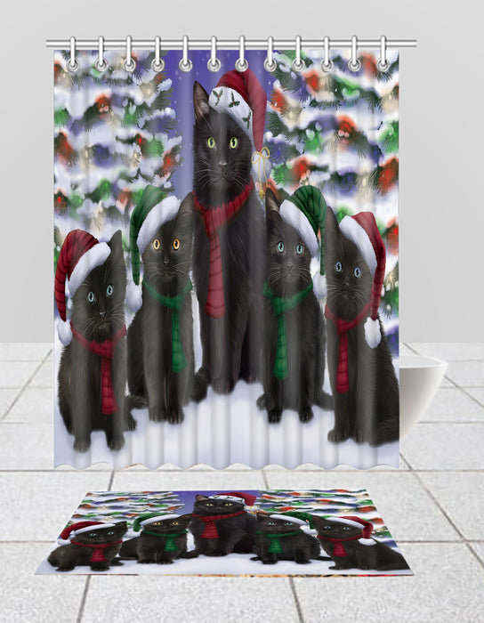 Black Cats Christmas Family Portrait in Holiday Scenic Background  Bath Mat and Shower Curtain Combo