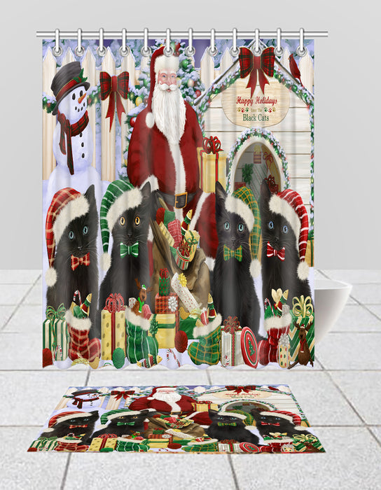 Happy Holidays Christmas Black Cats House Gathering Bath Mat and Shower Curtain Combo