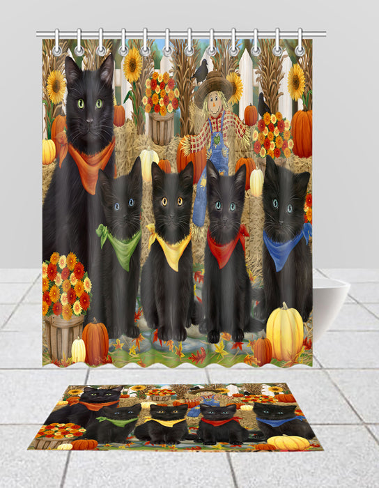 Fall Festive Harvest Time Gathering Black Cats Bath Mat and Shower Curtain Combo