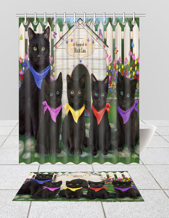 Spring Dog House Black Cats Bath Mat and Shower Curtain Combo