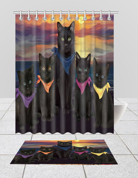 Family Sunset Portrait Black Cats Bath Mat and Shower Curtain Combo