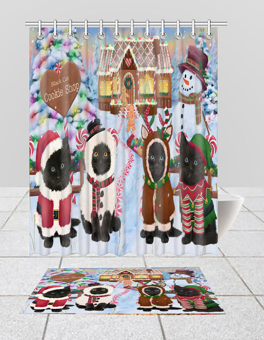 Holiday Gingerbread Cookie Black Cats  Bath Mat and Shower Curtain Combo