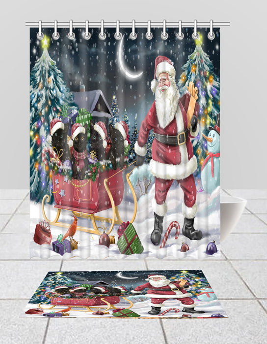 Santa Sled Dogs Christmas Happy Holidays Black Cats Bath Mat and Shower Curtain Combo