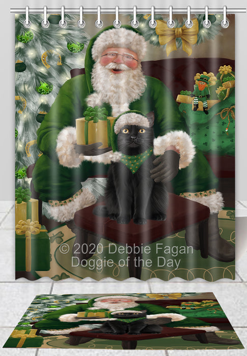 Christmas Irish Santa with Gift Black Cat Bath Mat and Shower Curtain Combo