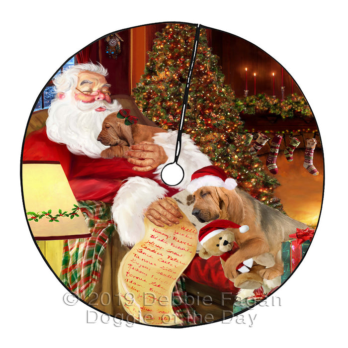 Santa Sleeping with Bloodhound Dogs Christmas Tree Skirt