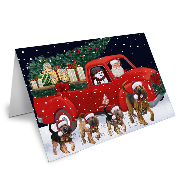 Christmas Express Delivery Red Truck Running Bloodhound Dogs Handmade Artwork Assorted Pets Greeting Cards and Note Cards with Envelopes for All Occasions and Holiday Seasons GCD75074