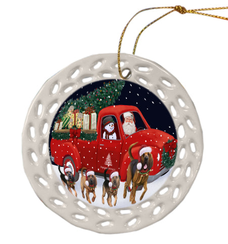 Christmas Express Delivery Red Truck Running Bloodhound Dog Doily Ornament DPOR59246