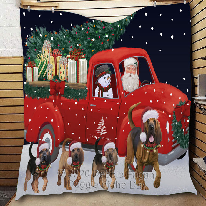 Christmas Express Delivery Red Truck Running Bloodhound Dogs Lightweight Soft Bedspread Coverlet Bedding Quilt QUILT59806