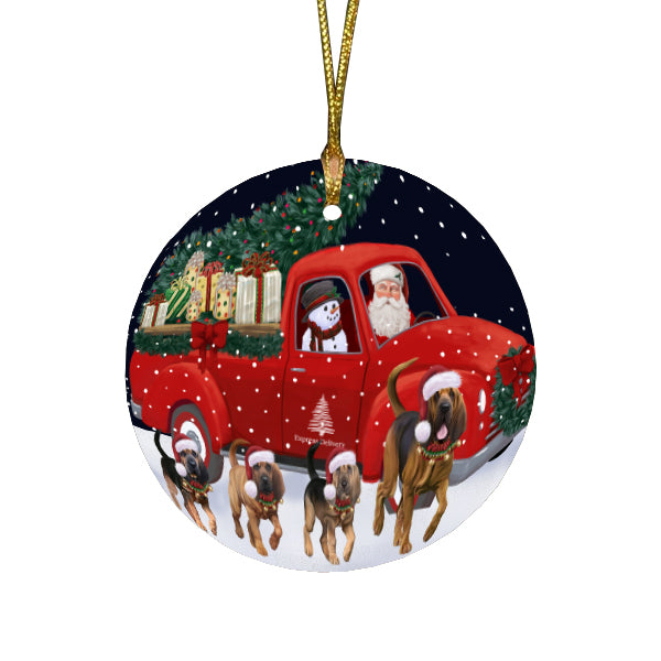 Christmas Express Delivery Red Truck Running Bloodhound Dogs Round Flat Christmas Ornament RFPOR57729