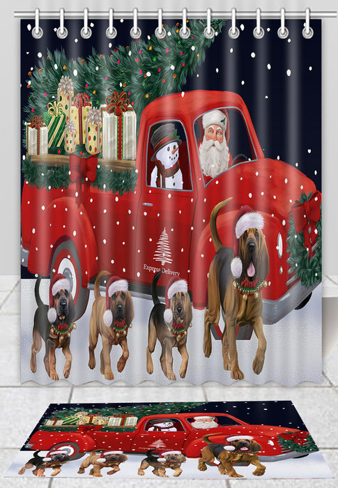 Christmas Express Delivery Red Truck Running Bloodhound Dogs Bath Mat and Shower Curtain Combo