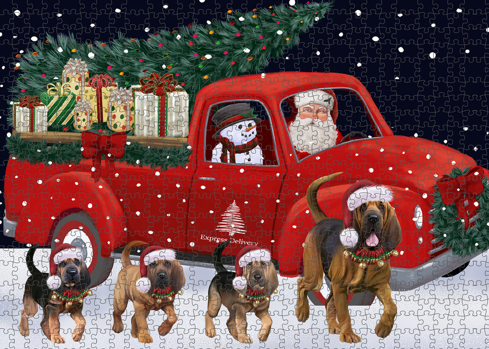 Christmas Express Delivery Red Truck Running Bloodhound Dogs Puzzle with Photo Tin PUZL99616
