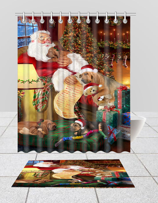 Santa Sleeping with Bloodhound Dogs  Bath Mat and Shower Curtain Combo