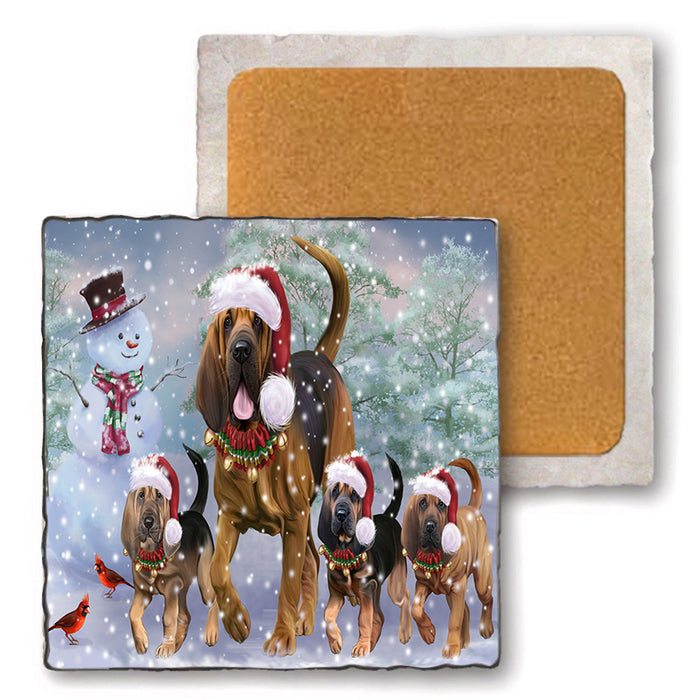 Christmas Running Family Bloodhound Dogs Set of 4 Natural Stone Marble Tile Coasters MCST52126