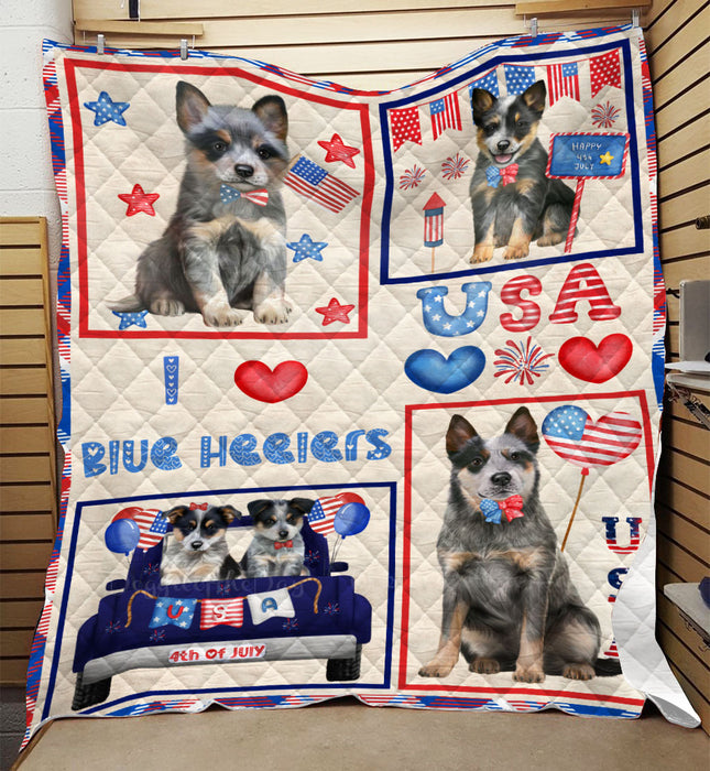 4th of July Independence Day I Love USA Blue Heeler Dogs Quilt Bed Coverlet Bedspread - Pets Comforter Unique One-side Animal Printing - Soft Lightweight Durable Washable Polyester Quilt