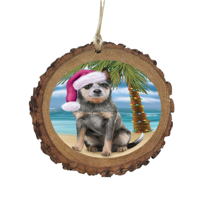 Summertime Happy Holidays Christmas Blue Heeler Dog on Tropical Island Beach Wooden Christmas Ornament WOR49355
