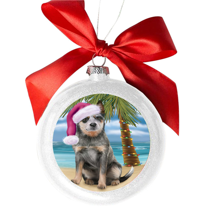 Summertime Happy Holidays Christmas Blue Heeler Dog on Tropical Island Beach White Round Ball Christmas Ornament WBSOR49355