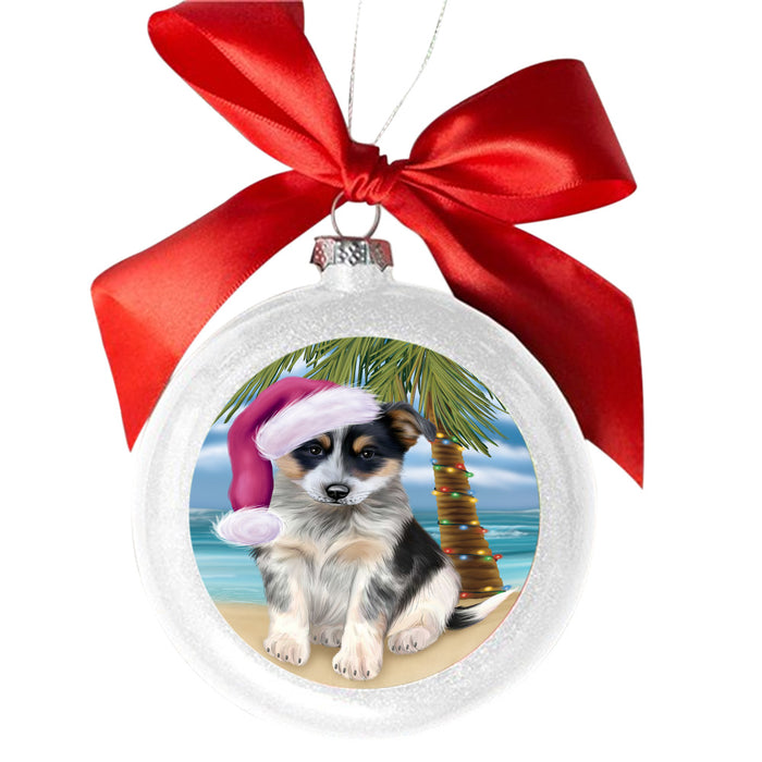 Summertime Happy Holidays Christmas Blue Heeler Dog on Tropical Island Beach White Round Ball Christmas Ornament WBSOR49356