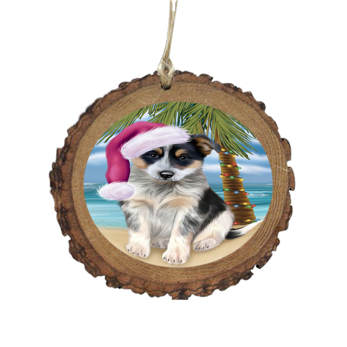 Summertime Happy Holidays Christmas Blue Heeler Dog on Tropical Island Beach Wooden Christmas Ornament WOR49356