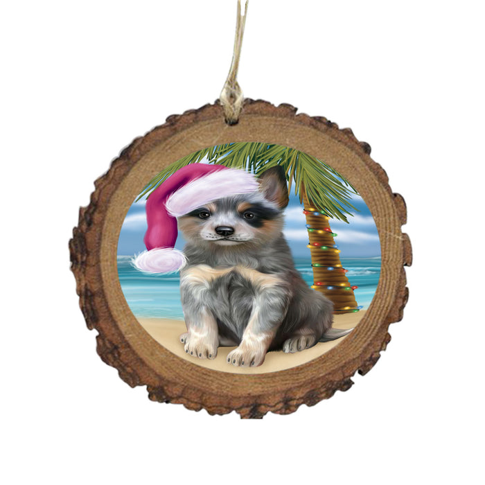 Summertime Happy Holidays Christmas Blue Heeler Dog on Tropical Island Beach Wooden Christmas Ornament WOR49357