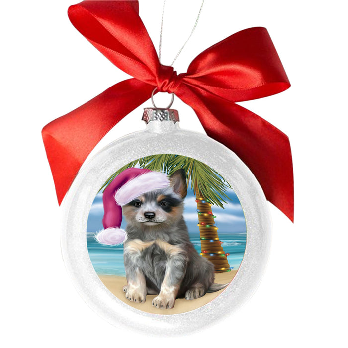 Summertime Happy Holidays Christmas Blue Heeler Dog on Tropical Island Beach White Round Ball Christmas Ornament WBSOR49357