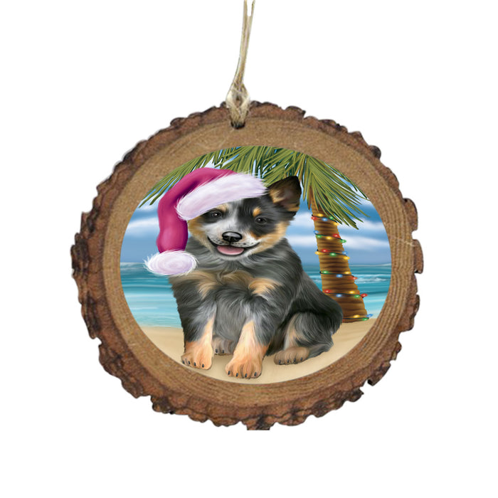 Summertime Happy Holidays Christmas Blue Heeler Dog on Tropical Island Beach Wooden Christmas Ornament WOR49358