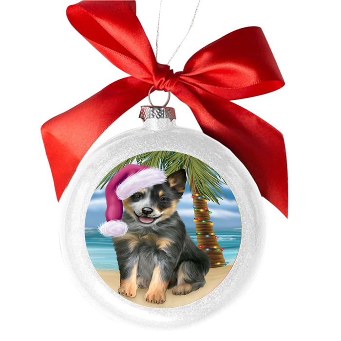 Summertime Happy Holidays Christmas Blue Heeler Dog on Tropical Island Beach White Round Ball Christmas Ornament WBSOR49358