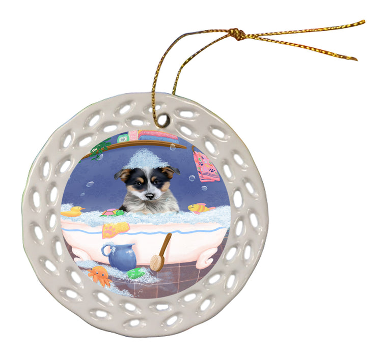 Rub A Dub Dog In A Tub Blue Heeler Dog Doily Ornament DPOR58203