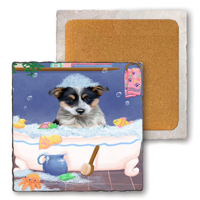 Rub A Dub Dog In A Tub Blue Heeler Dog Set of 4 Natural Stone Marble Tile Coasters MCST52312