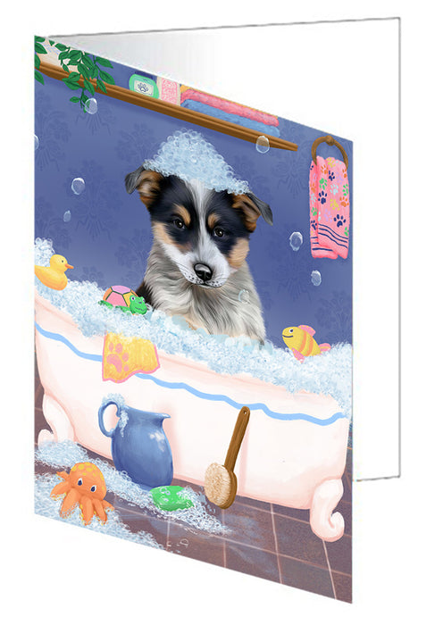 Rub A Dub Dog In A Tub Blue Heeler Dog Handmade Artwork Assorted Pets Greeting Cards and Note Cards with Envelopes for All Occasions and Holiday Seasons GCD79250