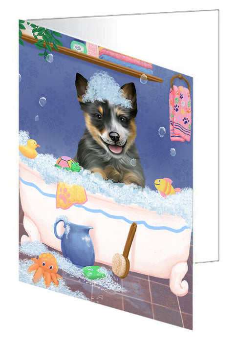 Rub A Dub Dog In A Tub Blue Heeler Dog Handmade Artwork Assorted Pets Greeting Cards and Note Cards with Envelopes for All Occasions and Holiday Seasons GCD79256