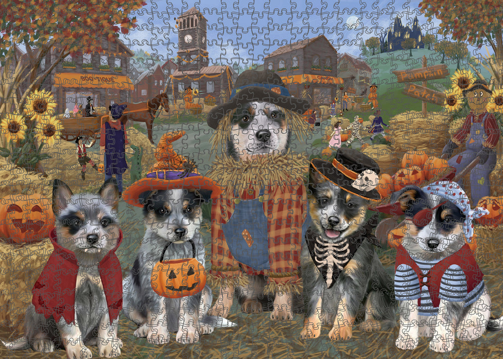 Halloween 'Round Town And Fall Pumpkin Scarecrow Both Blue Heeler Dogs Puzzle with Photo Tin PUZL96212
