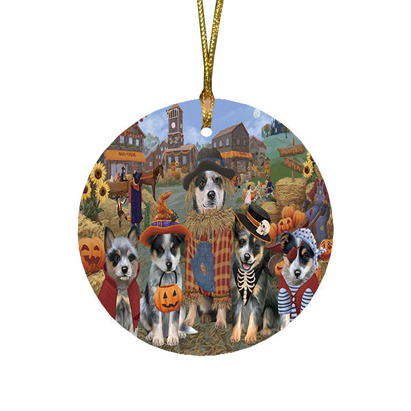 Halloween 'Round Town And Fall Pumpkin Scarecrow Both Blue Heeler Dogs Round Flat Christmas Ornament RFPOR57380