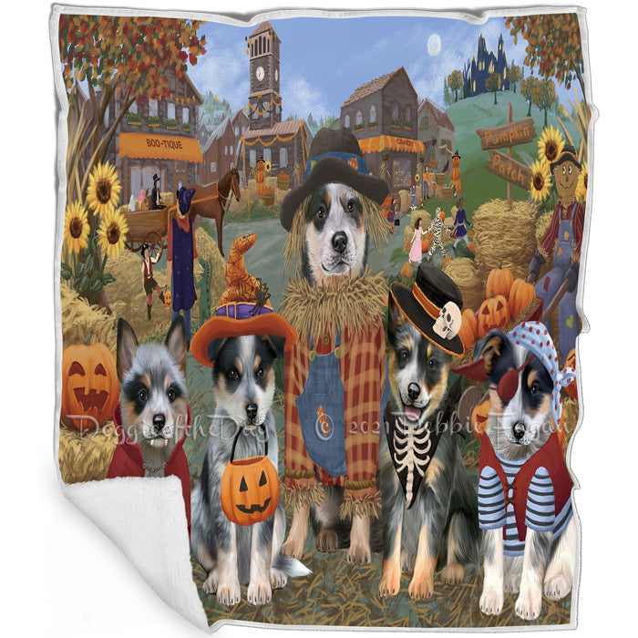 Halloween 'Round Town And Fall Pumpkin Scarecrow Both Blue Heeler Dogs Blanket BLNKT138746