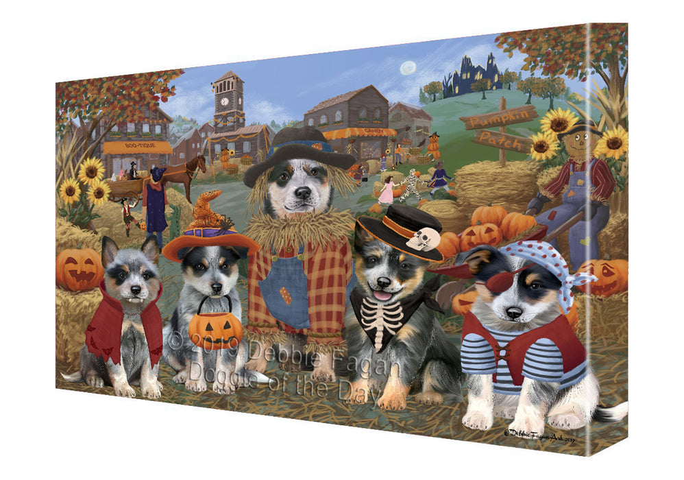 Halloween 'Round Town And Fall Pumpkin Scarecrow Both Blue Heeler Dogs Canvas Print Wall Art Décor CVS139373