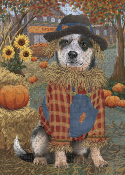 Halloween 'Round Town And Fall Pumpkin Scarecrow Both Blue Heeler Dogs Puzzle with Photo Tin PUZL96456