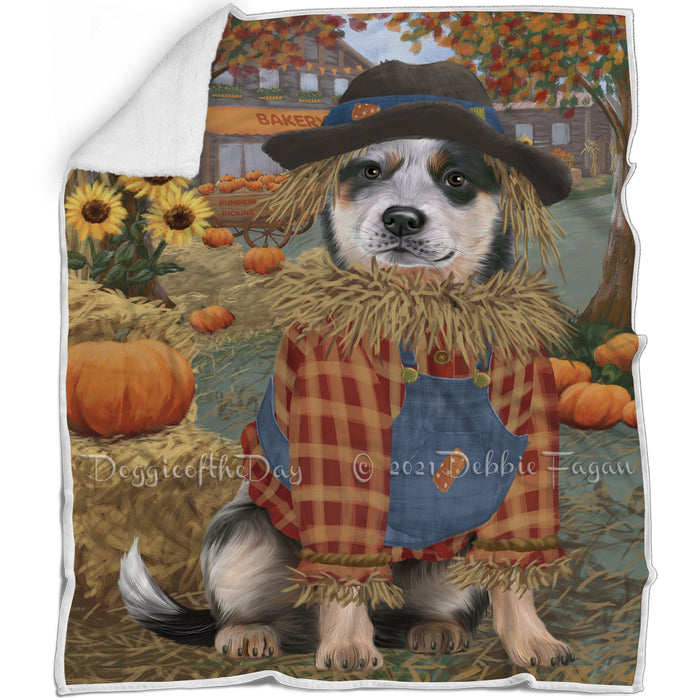 Halloween 'Round Town And Fall Pumpkin Scarecrow Both Blue Heeler Dogs Blanket BLNKT139295