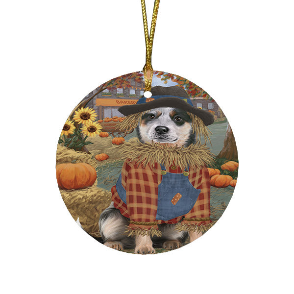 Halloween 'Round Town And Fall Pumpkin Scarecrow Both Blue Heeler Dogs Round Flat Christmas Ornament RFPOR57441