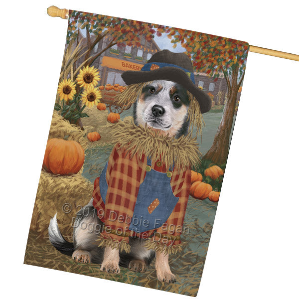 Halloween 'Round Town And Fall Pumpkin Scarecrow Both Blue Heeler Dogs House Flag FLG65693