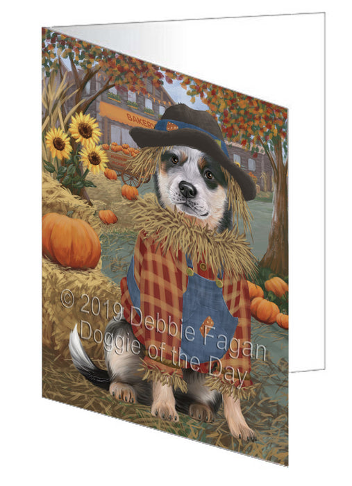 Fall Pumpkin Scarecrow Blue Heeler Dog Handmade Artwork Assorted Pets Greeting Cards and Note Cards with Envelopes for All Occasions and Holiday Seasons GCD77957